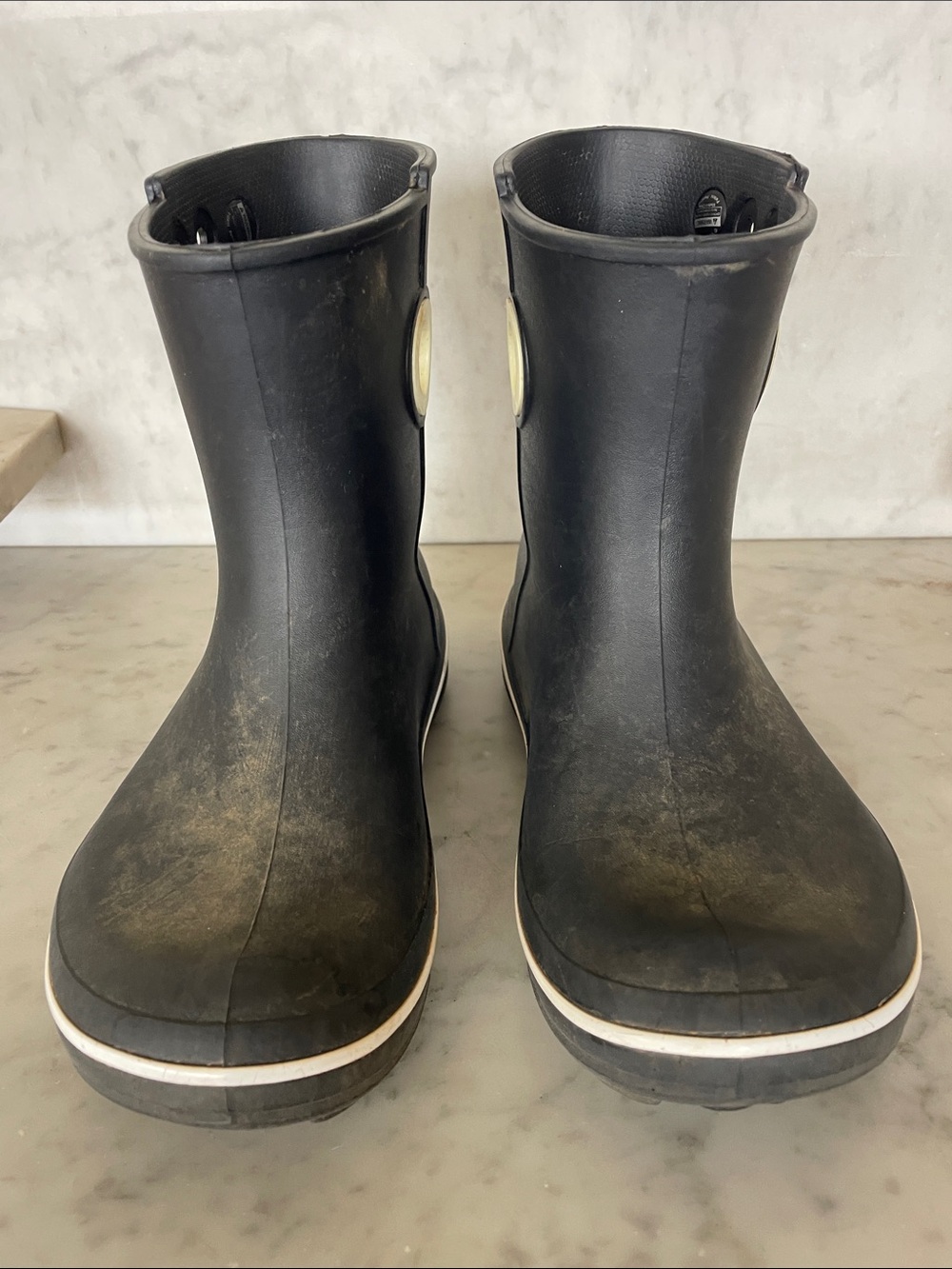 CROCS Black Rain Boots with Cream Trim - Picture 2 of 16